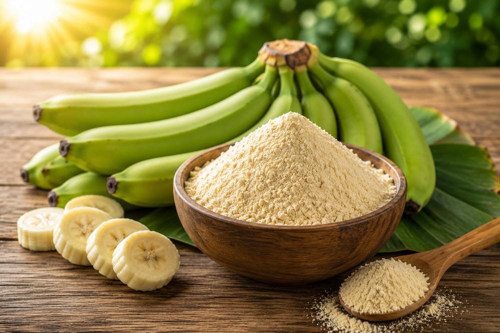 Premium dehydrated banana powder in bowl with fresh bananas - Falcon Global export product