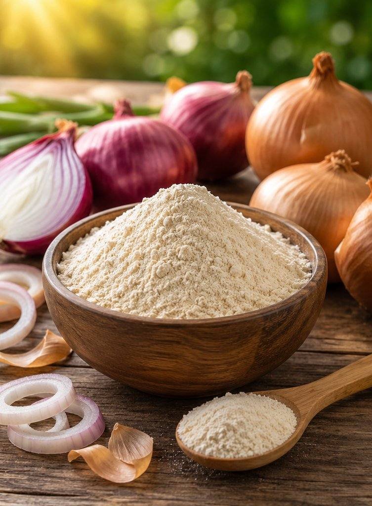 Premium dehydrated onion powder in bowl with fresh onions - Falcon Global export product